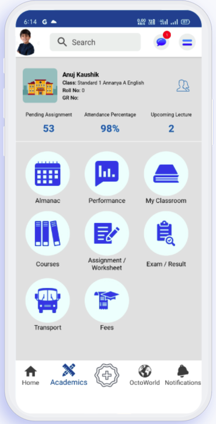 BHAML ERP Mobile App - Student Dashboard showing attendance, assignments, and course features
